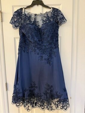 Elegant Navy Embroidered Midi Dress with Sheer Cap Sleeves